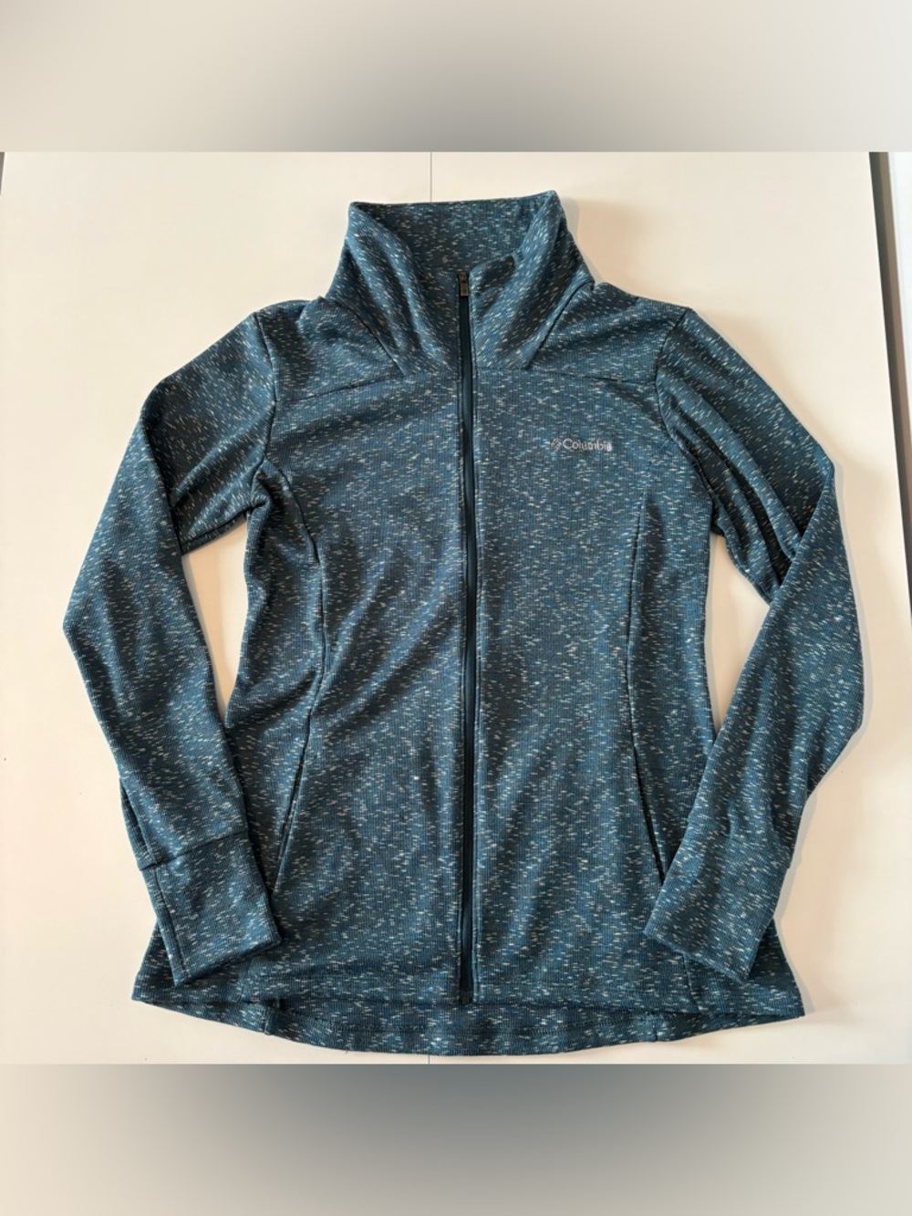 Columbia Women's Dark Green Teal  Heathered Full-Zip Mock Neck Sweatshirt Jacket